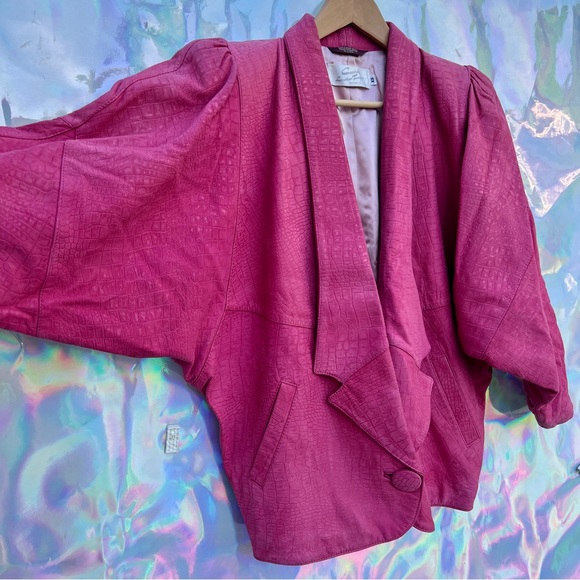 80s Pink Batwing Croc Pattern Leather Jacket - Picture 5 of 9